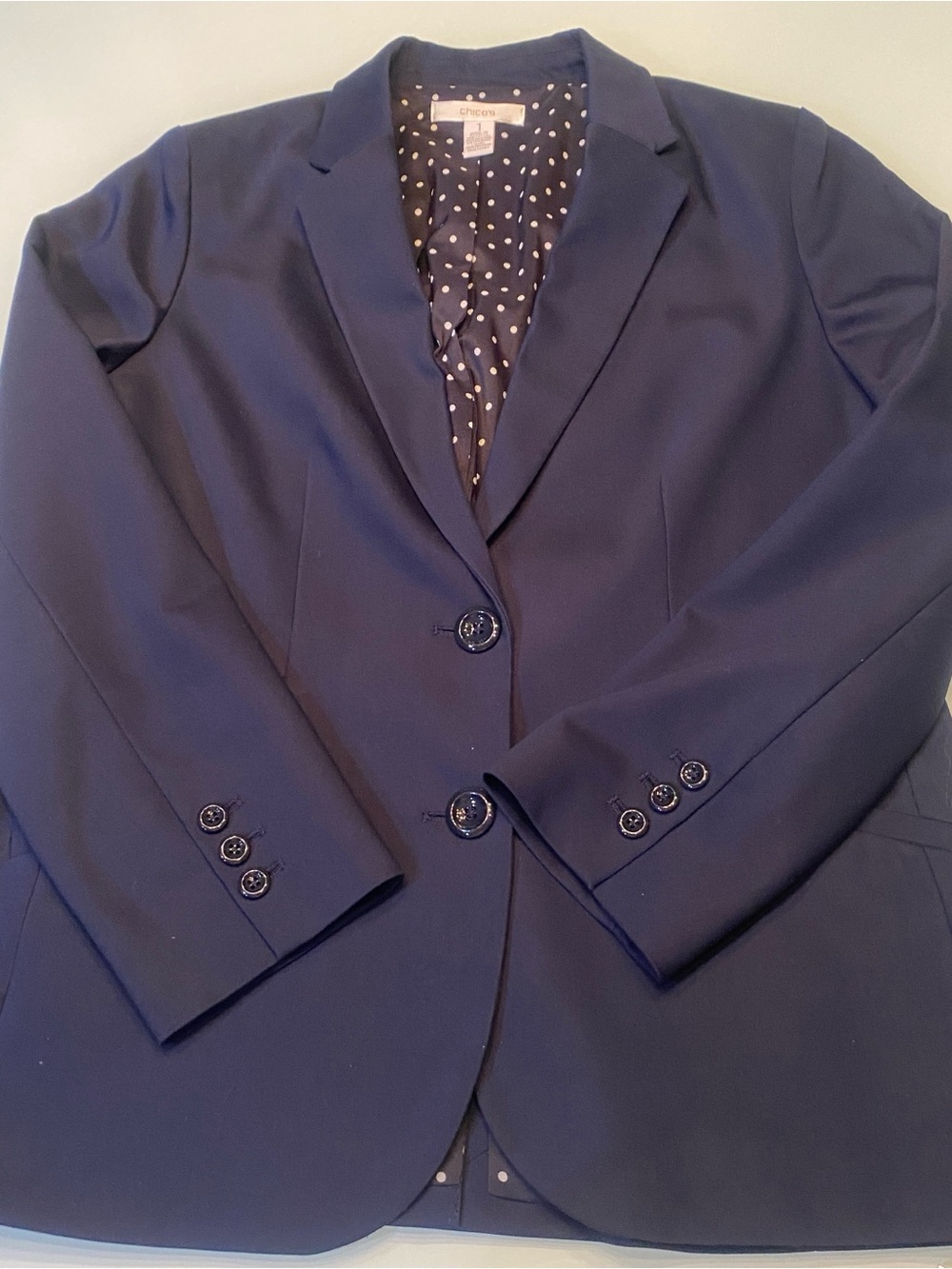 Chico's Navy Blue Polka Dot Lined Tailored Blazer Jacket Size 1 / Medium